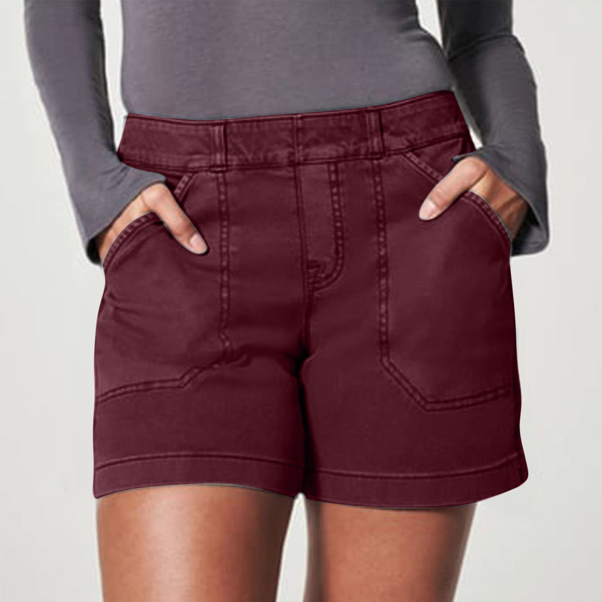 Women Fashion Casual High Waist Hip Elastic Twill Shorts