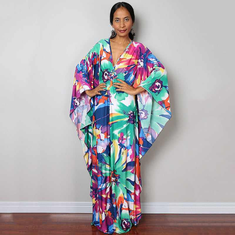 Traje de baño largo con estampado floral a rayas y protección solar para mujer