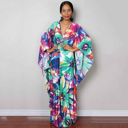 Traje de baño largo con estampado floral a rayas y protección solar para mujer