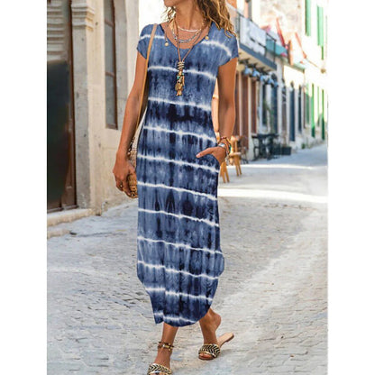 Vestido largo informal de manga corta con cuello redondo y estampado floral geométrico para mujer