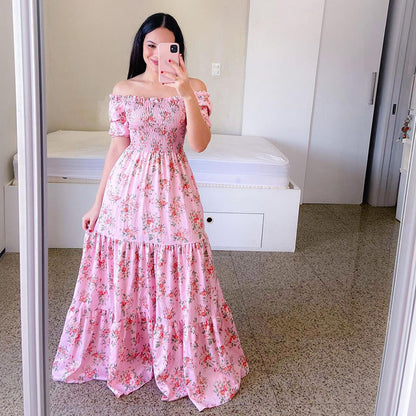 Summer Vacation Women Rainbow Color Floral Butterfly Large Swing Off Shoulder Casual Maxi Dress