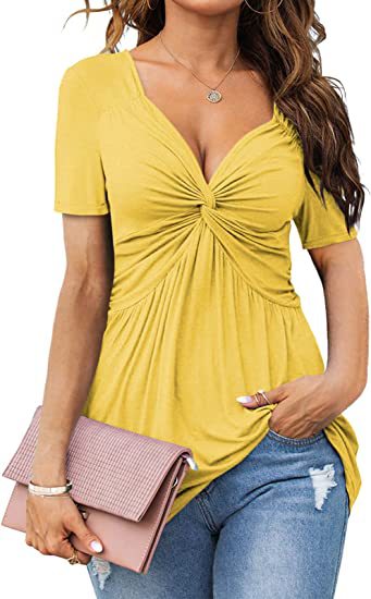 Blusa informal plisada de manga corta con cuello en V y color liso para mujer