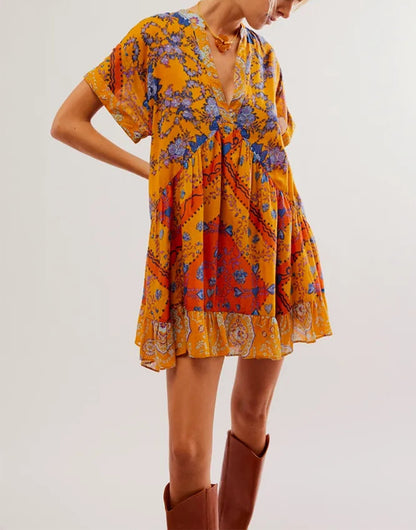 Women Fashion Casual Boho Multicolor Printed Stripe Short Sleeve V-Neck Dress