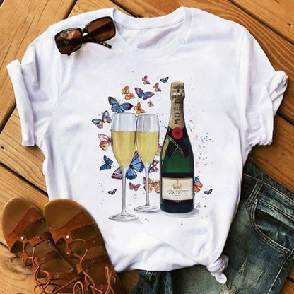 Camiseta holgada informal de manga corta con estampado gráfico de vino para mujer