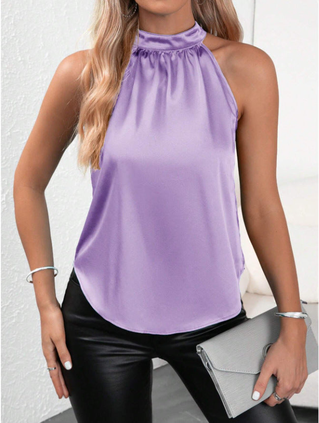 Women Fashion Casual Solid Color Satin Halter-Neck Tank Top