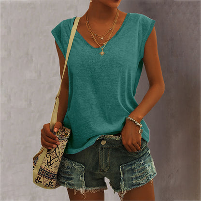 Women Casual Solid Color V Neck Simple Loose Sleeveless Tank Top