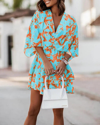 Women Fashion Casual Boho Style V-Neck Loose Dolman Sleeve Graphic Printed Dress