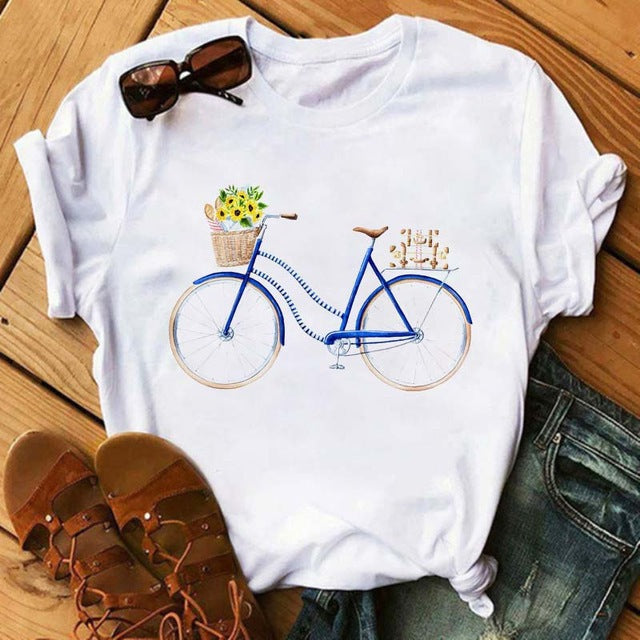 Camiseta holgada informal de manga corta con estampado de bicicleta para mujer