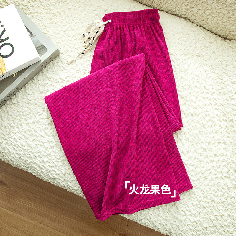 Women Loose Casual High Waist Solid Color Corduroy Wide-Leg Pants