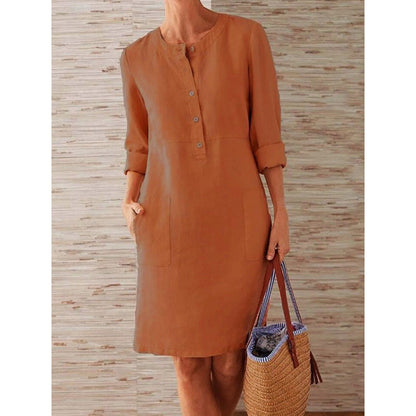 Women'S Casual Solid Color Round Neck Long Sleeve Dress