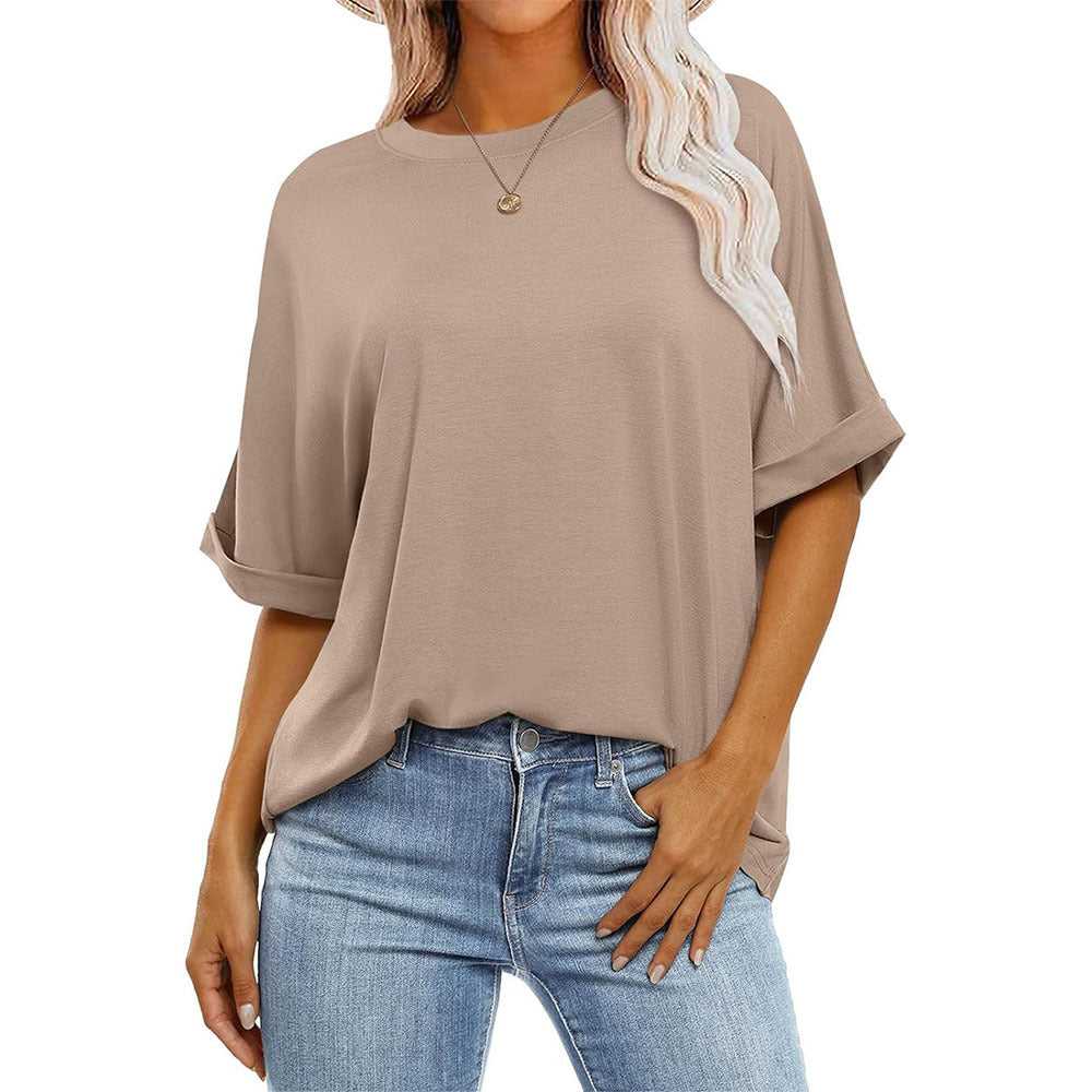 Women Casual Loose Solid Color Round Neck Short-Sleeve T-Shirt