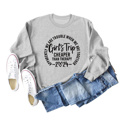 Sudadera informal de manga larga con cuello redondo y estampado de letras y eslogan de color liso para mujer 2024