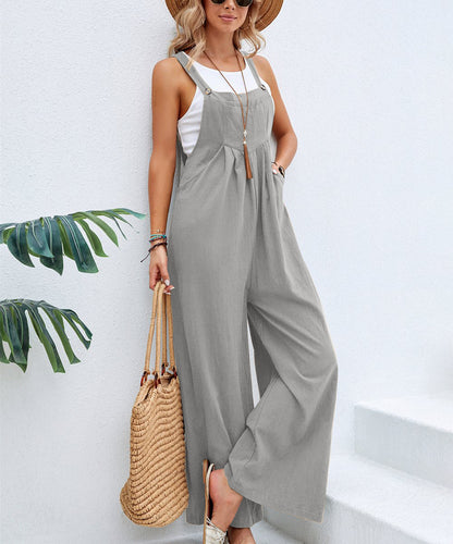 Women Solid Color Casual Wide Leg Suspender Jumpsuits