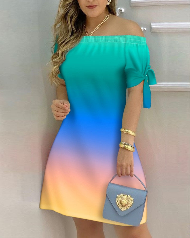 Women Casual Off-The-Shoulder Short Sleeves Color Blocking Dress