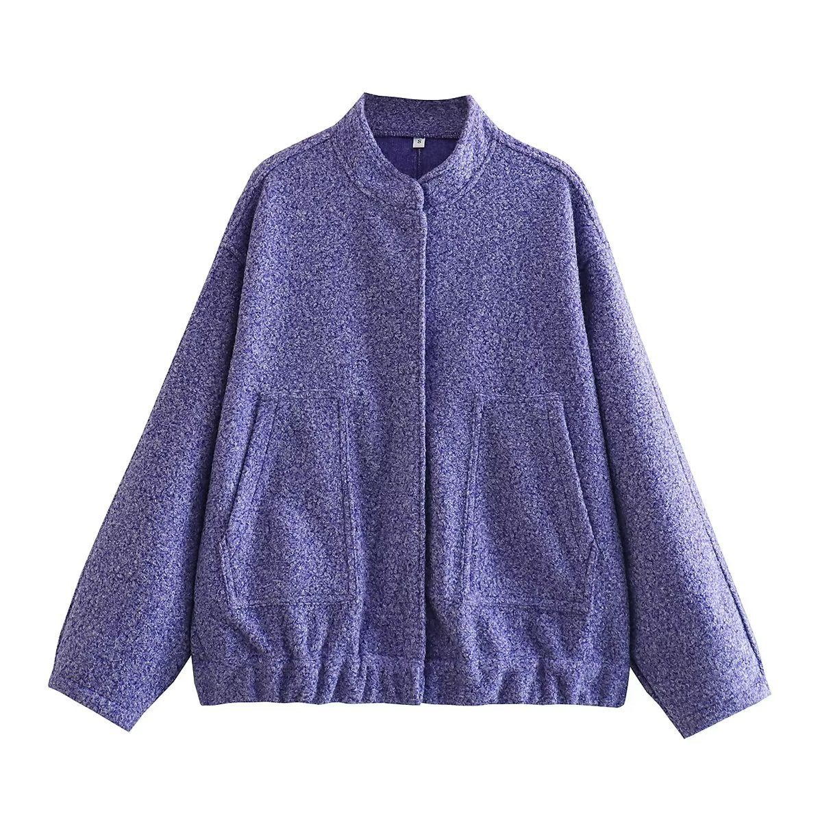 Chaqueta holgada informal de color liso con cuello alto para mujer
