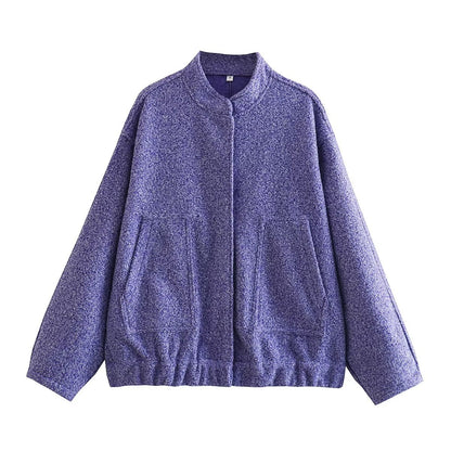 Chaqueta holgada informal de color liso con cuello alto para mujer