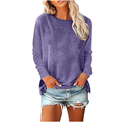 Camiseta informal holgada de manga larga con cuello redondo para mujer