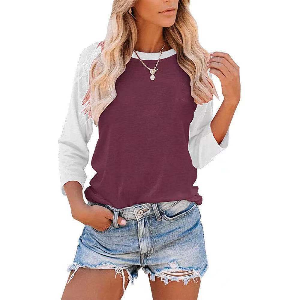 Camiseta informal de manga larga con cuello redondo y contraste de colores para mujer