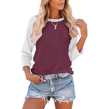 Camiseta informal de manga larga con cuello redondo y contraste de colores para mujer
