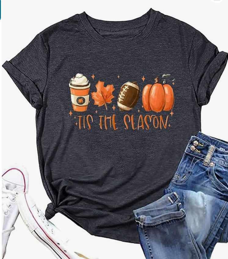 Camiseta informal de manga corta con cuello redondo y estampado de hojas de arce para mujer