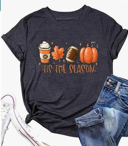 Camiseta informal de manga corta con cuello redondo y estampado de hojas de arce para mujer