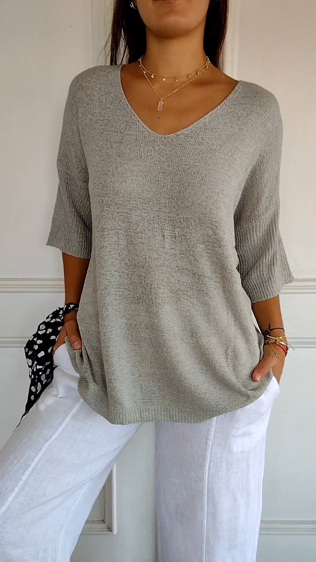 Women Fashion Casual V-Neck Solid Color Knit Sweater