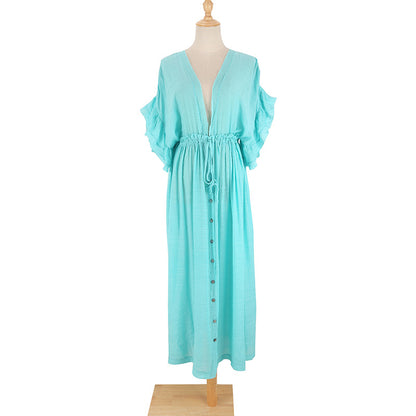 Traje de baño de playa informal holgado con cuello en V y manga corta de color liso para mujer