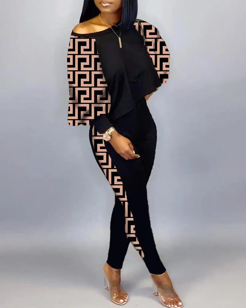 Conjunto de top holgado y pantalones ajustados con estampado gráfico informal de moda para mujer