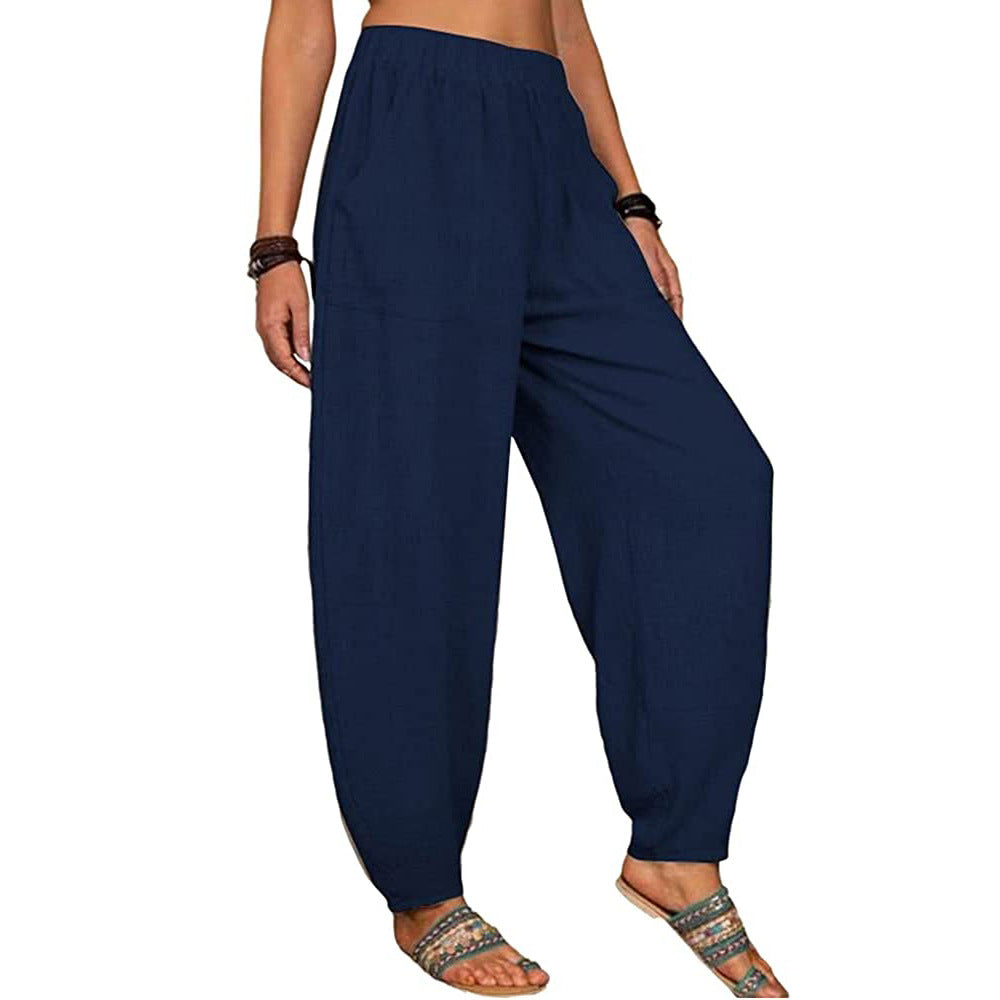 Women Fashion Casual Cotton Linen Solid Color Loose Harem Pants