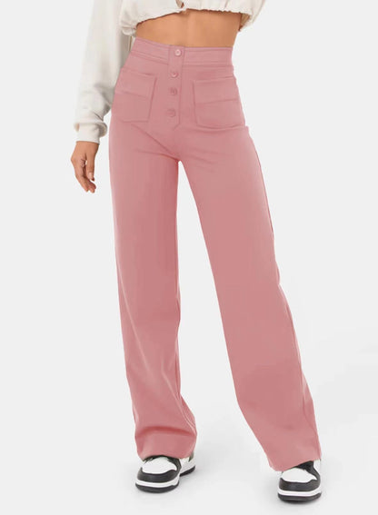 Fashion Women Casual Straight High Waist Button Elastic Multiple Pockets Pants