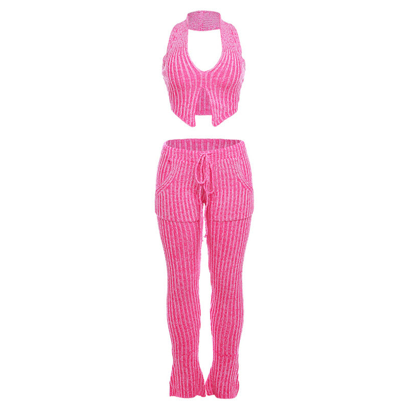 Conjunto de top y pantalones acampanados informales de cintura alta con cuello halter de punto sexy para mujer de otoño