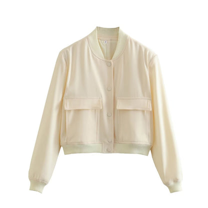 Chaqueta informal de manga larga con bolsillos de color liso a la moda para mujer