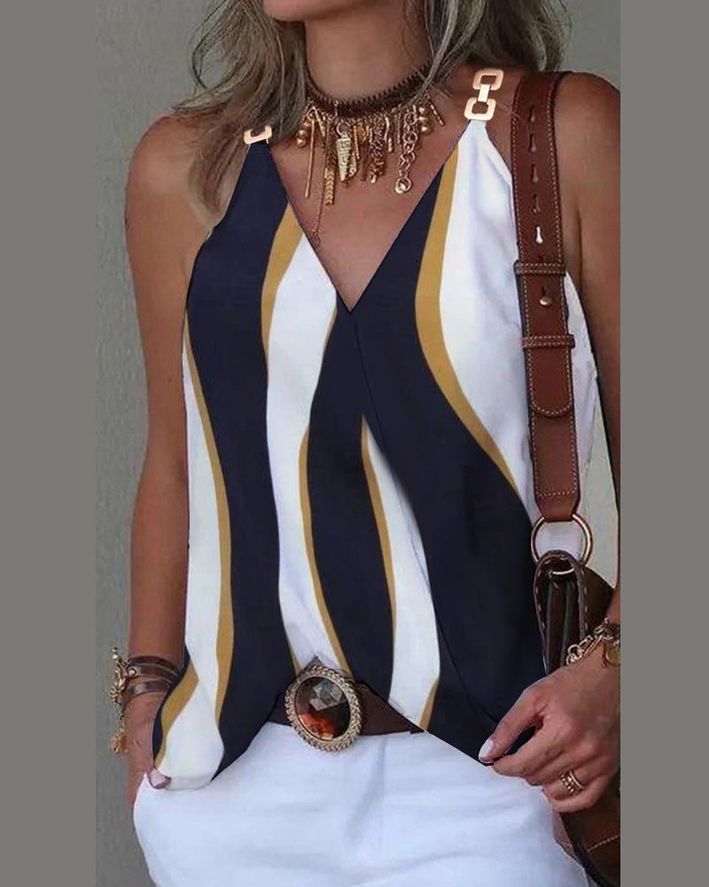 Women Fashion Casual Printed V-Neck Metallic Buckle Tank Top