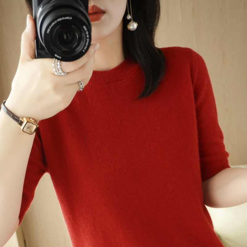 Spring And Summer Women Solid Color Casual Versatile Knitted Short-Sleeved Round Neck Knitwear Sweater