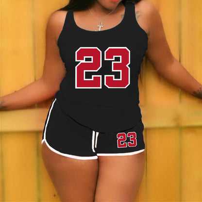 Conjunto de 2 piezas de camiseta sin mangas con cuello redondo y pantalones cortos holgados con estampado digital de color sólido informal para mujer