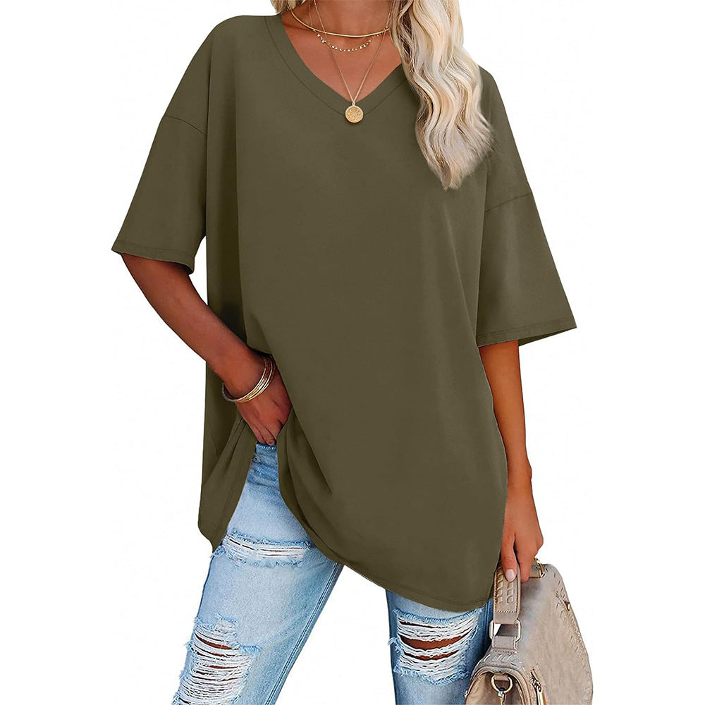 Camiseta informal holgada de color liso con cuello en V para mujer