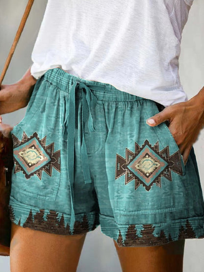 Pantalones cortos holgados con cordones y cintura alta con estampado digital informal a la moda para mujer
