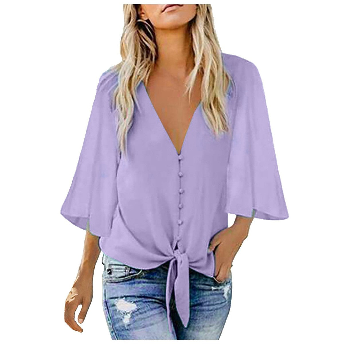 Blusa informal con cuello en V, botones y cordones para mujer