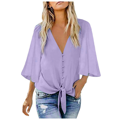 Blusa informal con cuello en V, botones y cordones para mujer