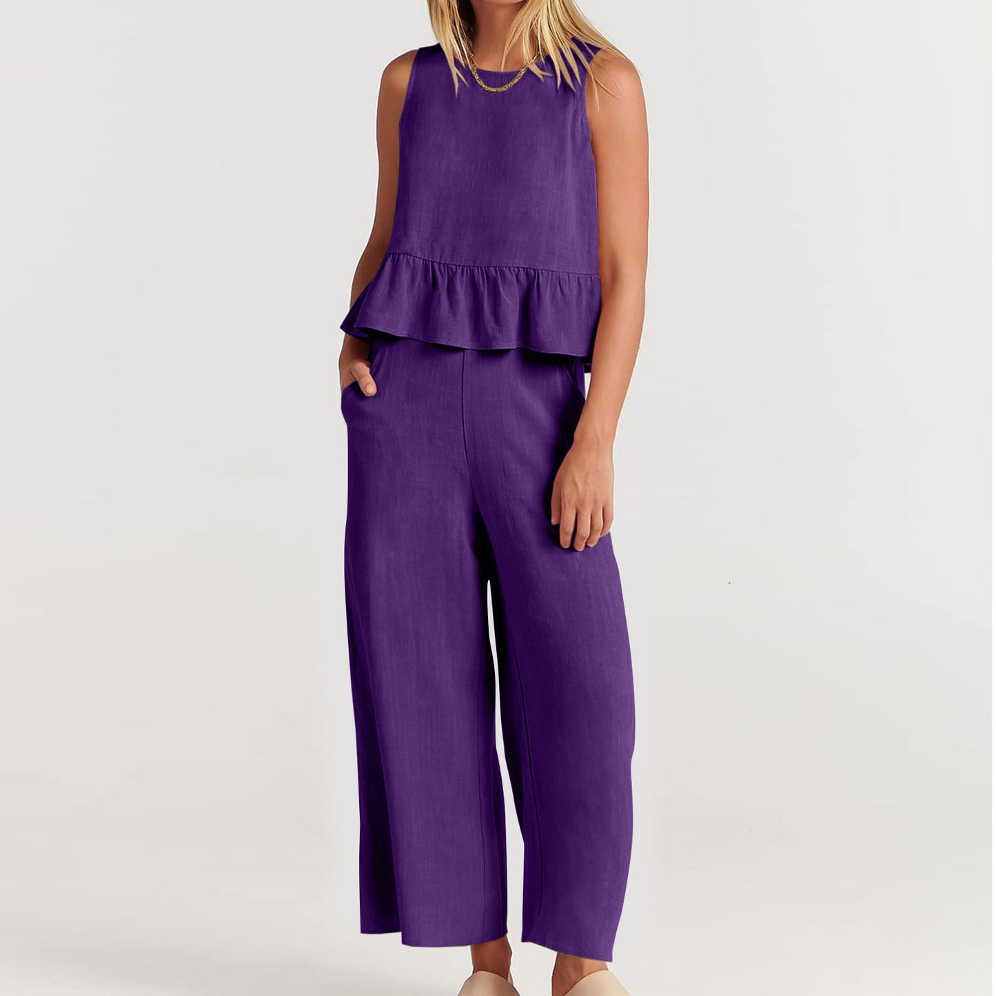 Conjunto de pantalón holgado sin mangas con volantes informales de color liso para mujer