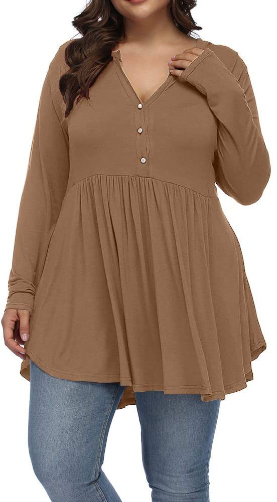 Camiseta informal de manga larga plisada con botones y escote en V de color liso para mujer, talla grande