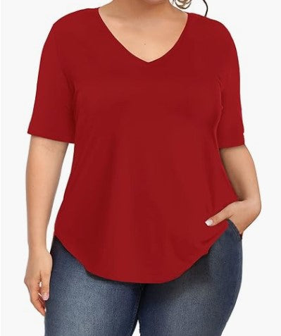 Summer Women Casual Plus Size Solid Color V-Neck Short-Sleeved T-Shirt