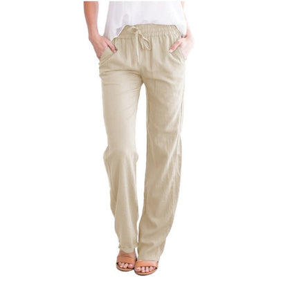 Women Casual Solid Color Cotton Linen Loose Drawstring Pants