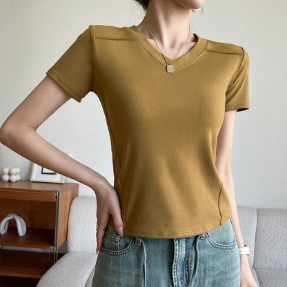 Camiseta informal de manga corta con cuello en V y color liso para mujer de verano