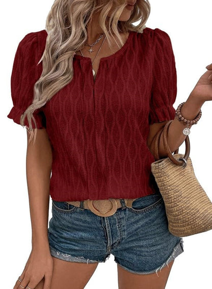 Blusa informal de jacquard de color liso con cuello en V y mangas abullonadas para mujer