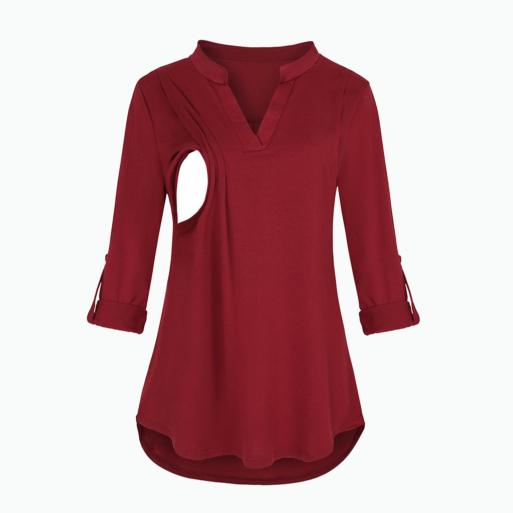 Pregnant Women Fashion Casual V-Neck Plaid Print Breastfeeding Long Sleeve Top