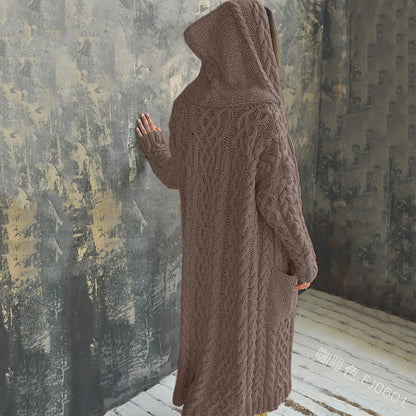 Women Casual Solid Color Long Sleeve Hooded Cardigan Knitted Sweater