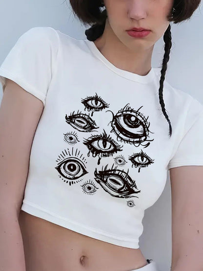 Camiseta corta informal de verano para mujer con estampado floral y letras, cuello redondo y manga corta