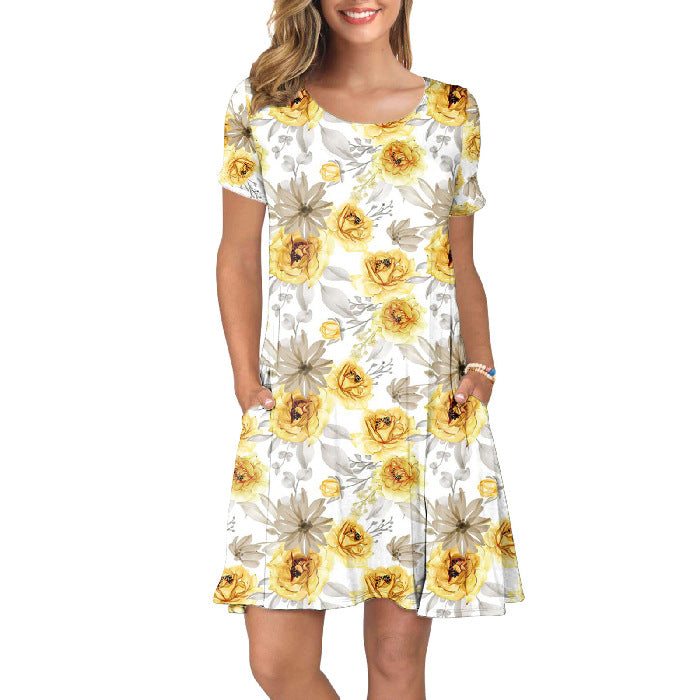 Crewneck Floral Sunflower Printed Women Casual Short Sleeve Pocket Dress
