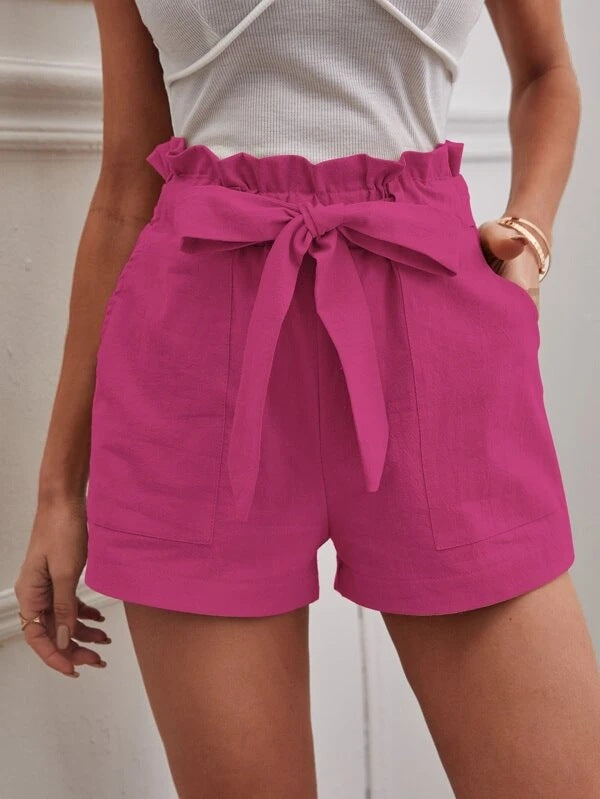 Women Casual Solid Color High Waist Bowknot Lace-Up Loose Shorts